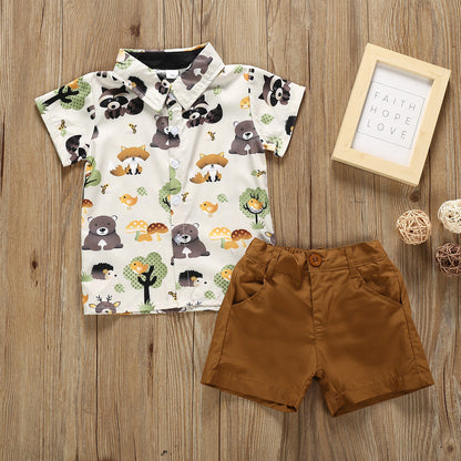 Ensemble chemise imprimée de dessin animé et short de couleur unie pour garçons et filles d'été