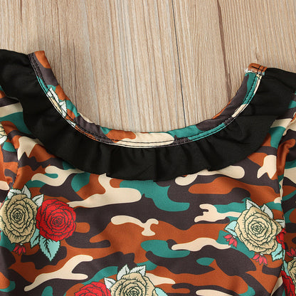 Girls Camouflage Long Sleeve Romper Black Flared Trousers Headband Set