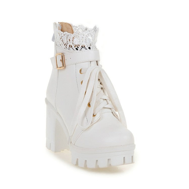 Bottes cheville lacées à talons carrés pour femmes, couleur blanc et noir