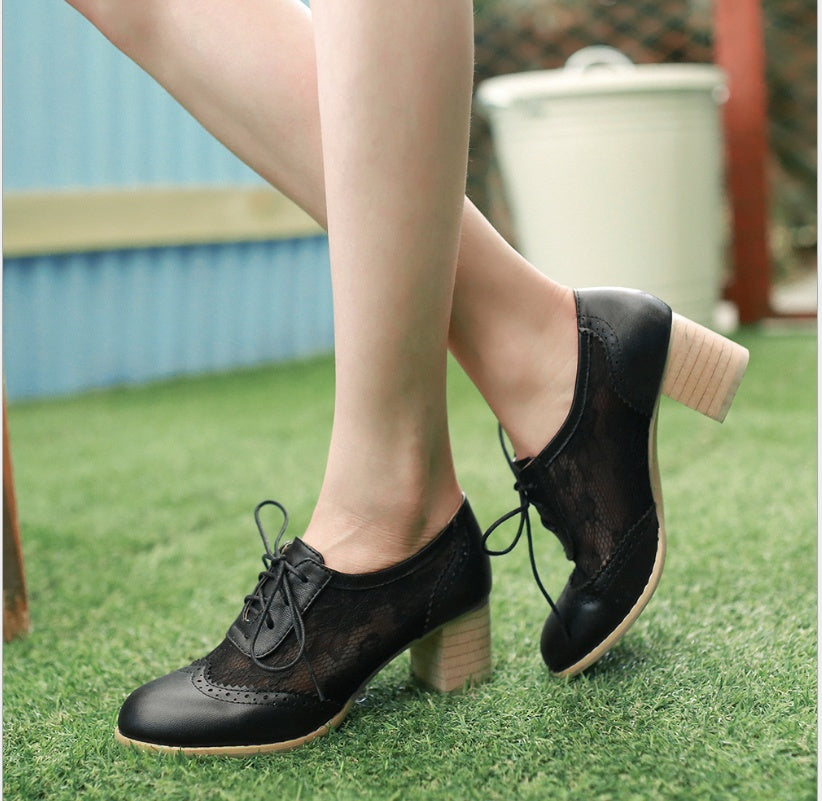 Zapatos de encaje de cabeza gruesa y redonda, zapatos de cuatro estaciones, zapatos de mujer de talla grande, zapatos de mujer