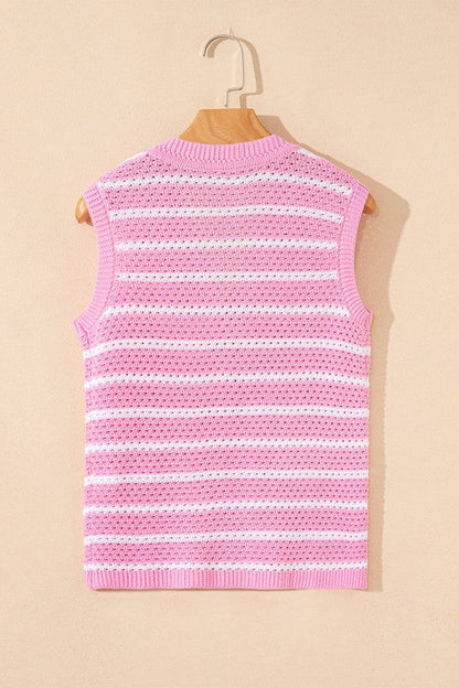 Stripe Buttoned V-Neck Sweater Knit Top