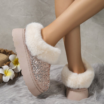 Zapatos de felpa con lentejuelas y suela gruesa a la moda, zapatillas cálidas informales de invierno para interior y exterior, zapatos de jardín para mujer