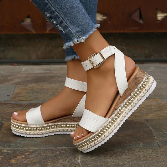 Sandalias de Verano con Hebilla, Cuña de Cáñamo, Plataforma, Punta Abierta para Mujer
