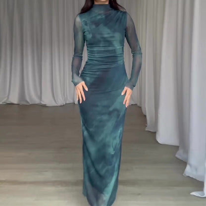 Robe longue moulante pour femme à manches longues tie-dye