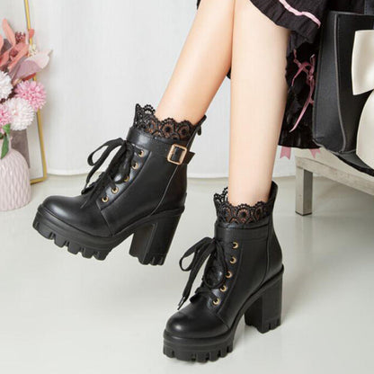 Bottes cheville lacées à talons carrés pour femmes, couleur blanc et noir
