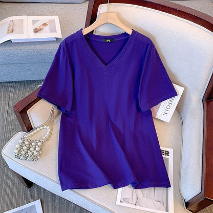 Summer Pure Cotton Short Sleeve T-shirt Top V-neck Loose