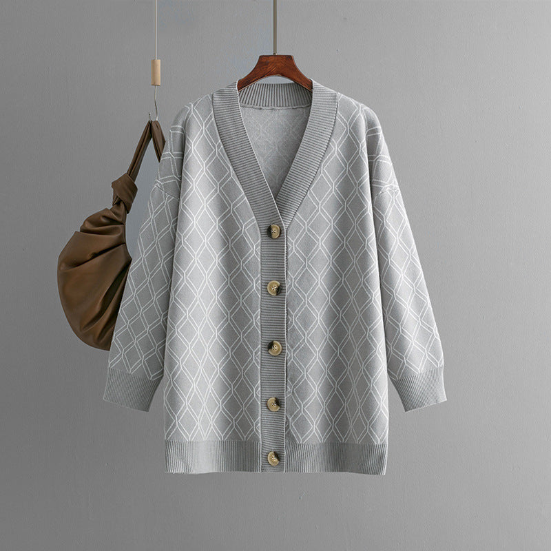 V-neck Cardigan Sweater Casual Loose Diamond Plaid Sweater Coat