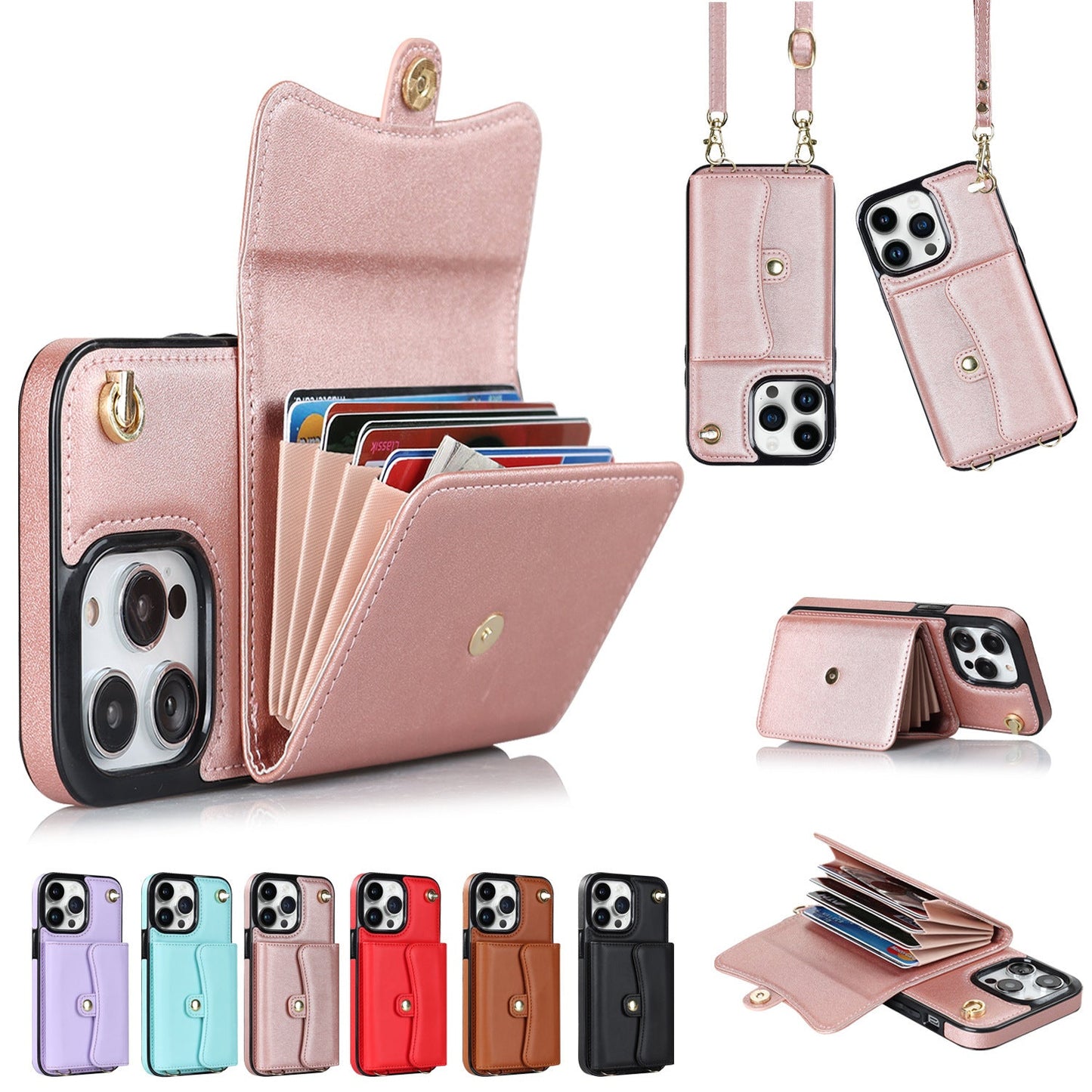 Crossbody Lanyard Card Holder iPhone Case – Lambskin Wallet Cover with Bracket | iPhone 7–15