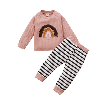 Ensemble Fille Sportif Pull à Manches Longues sans Capuche en Coton Arc-en-ciel et Pantalon