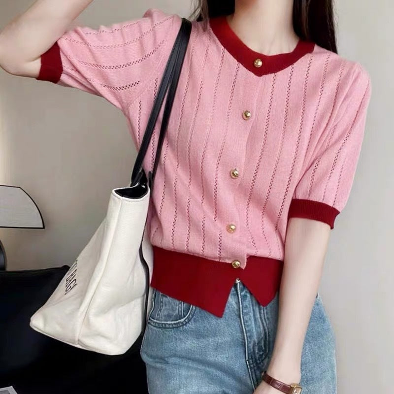 High-grade Classic Style Contrast Color Short-sleeved Knitted Sweater