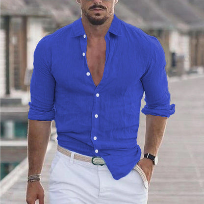Men's Cotton And Linen Lapel Long Sleeve Solid Color Shirt