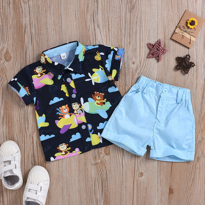 Ensemble chemise imprimée de dessin animé et short de couleur unie pour garçons et filles d'été