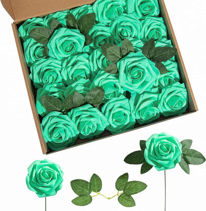 Foam Pe Rose Fake Flower With Rod And Leaf 25 Wedding Decoration Flowers Valentine's Day Gift