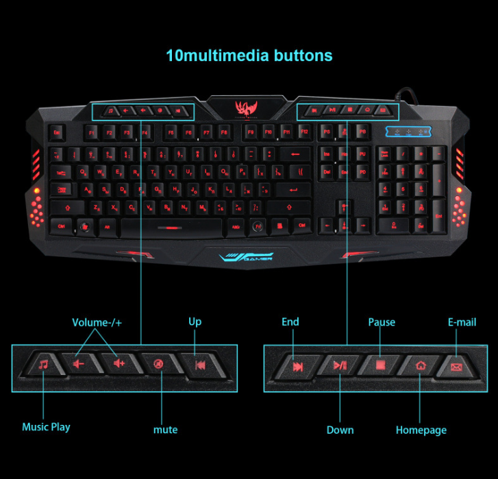Ensemble clavier de jeu filaire J10 rétroéclairé tricolore, souris de jeu lumineuse colorée, clavier russe