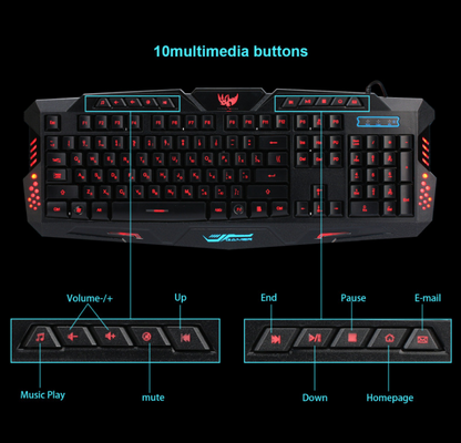 Ensemble clavier de jeu filaire J10 rétroéclairé tricolore, souris de jeu lumineuse colorée, clavier russe