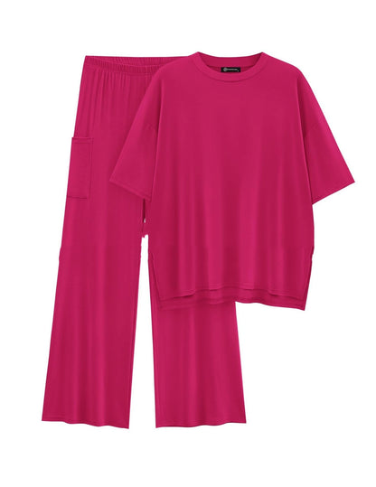Casual Short Sleeve Pullover Top Wide Leg Pants Casual Suit