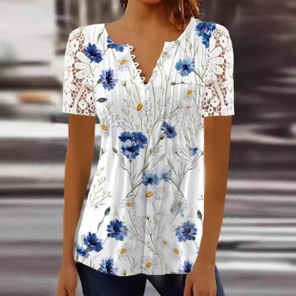 Women's Lace Lace Sleeve Pleated Solid Color Printing Button Short Sleeve