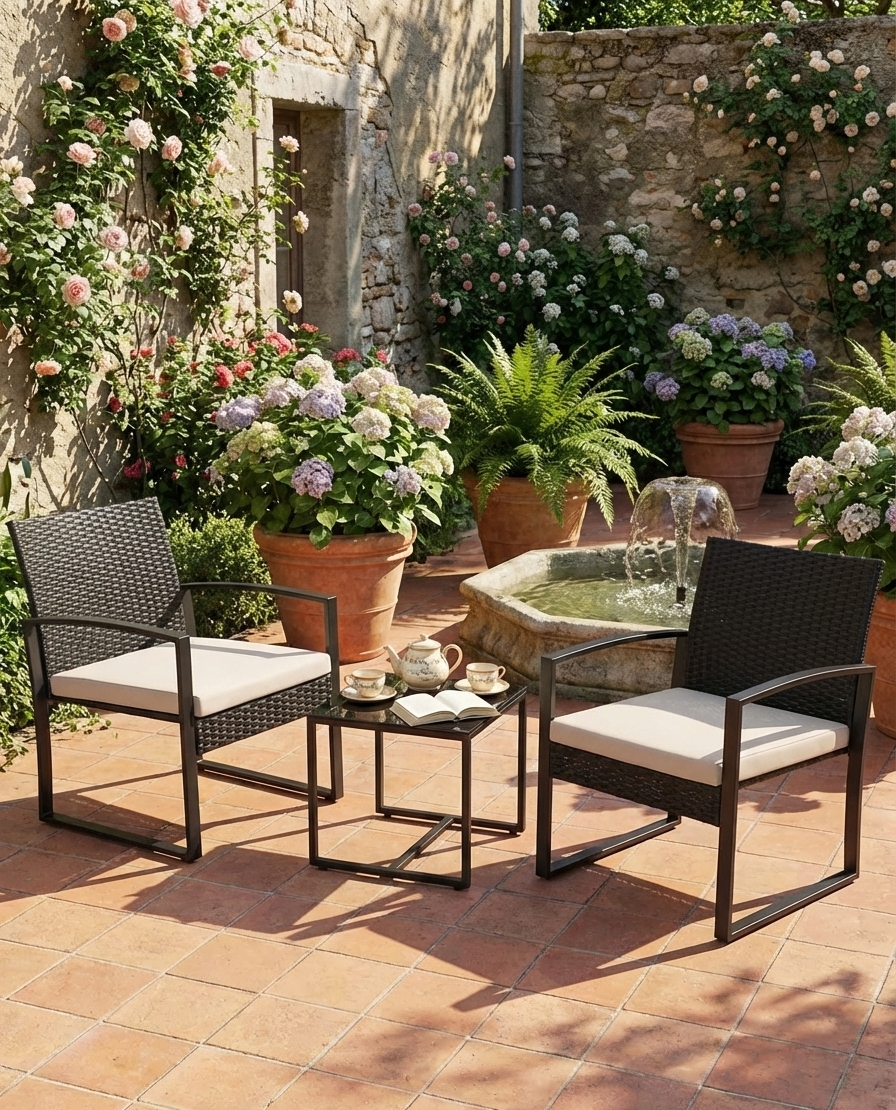 Ensemble de mobilier de jardin 3 pièces – Chaises en osier + table de bar avec coussins