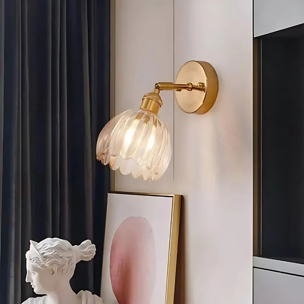 Aplique de Pared Clásico de 1 Luz con Pantalla de Cristal Tulipán de Latón Vintage