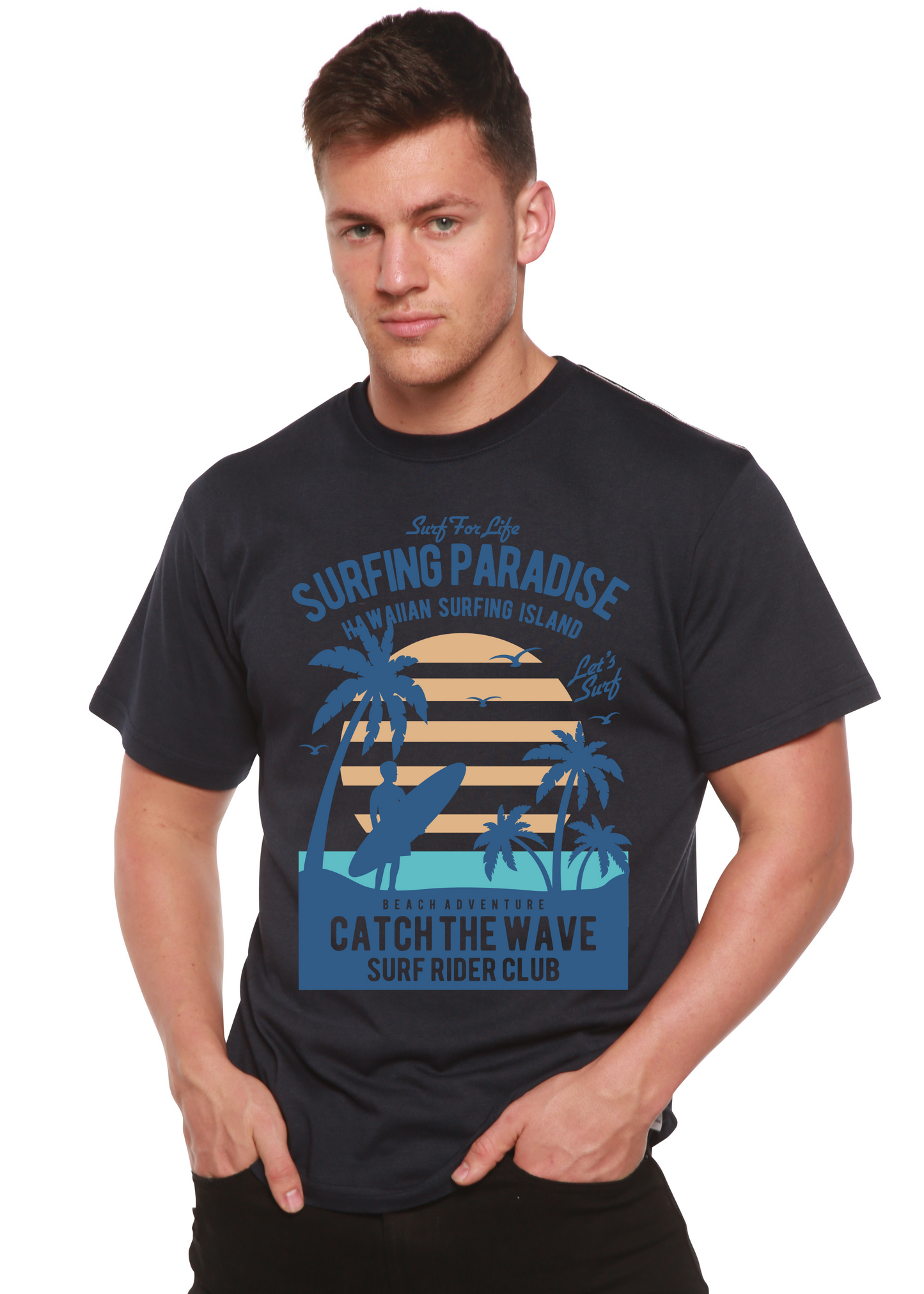 T-shirt graphique à manches courtes en viscose de bambou et coton biologique Spun Bamboo® "Surfing Paradis" pour homme