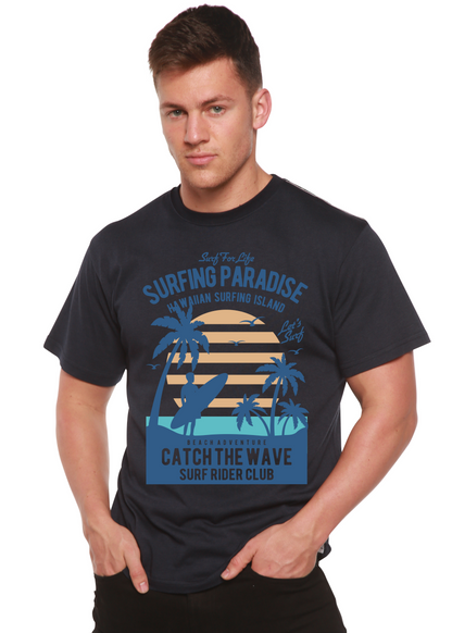 T-shirt graphique à manches courtes en viscose de bambou et coton biologique Spun Bamboo® "Surfing Paradis" pour homme