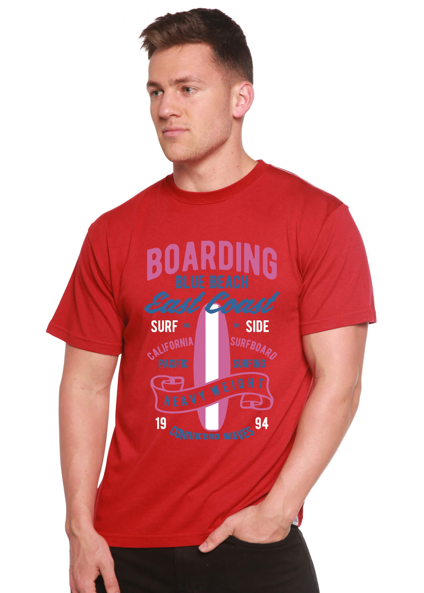 T-shirt graphique à manches courtes en viscose de bambou/coton bio pour homme Boarding Blue Beach