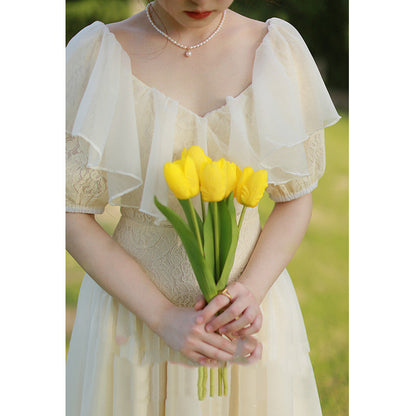 French Retro Light Wedding Puff Sleeve Lace Dress