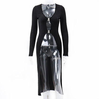 Sexy Black V-neck Low-cut Metal Buckle long summer Cardigan