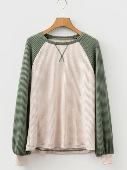 Waffle Color Block Raglan Sleeve Top