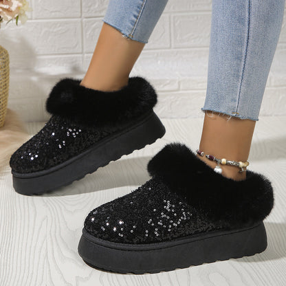 Zapatos de felpa con lentejuelas y suela gruesa a la moda, zapatillas cálidas informales de invierno para interior y exterior, zapatos de jardín para mujer