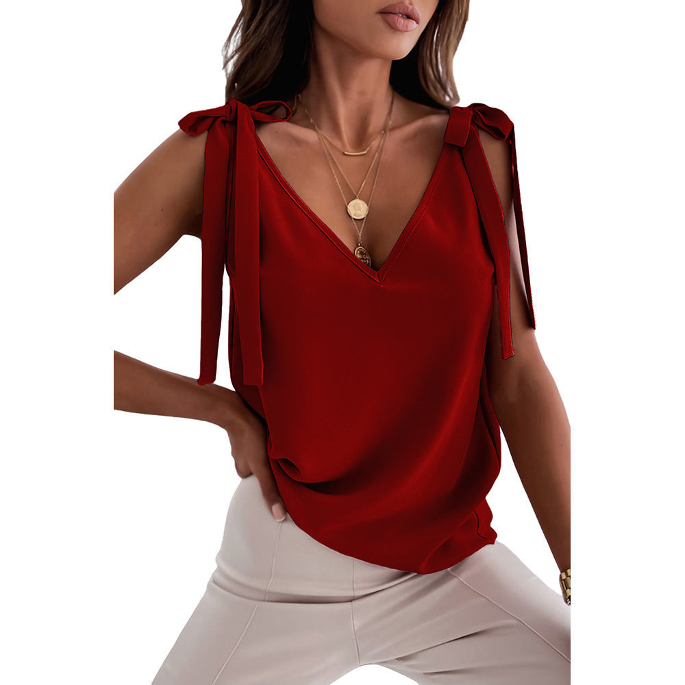 Bowknot Tie-Up Satin Camisole – Women’s V-Neck Tank Top | S–3XL