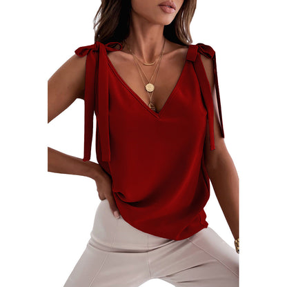 Bowknot Tie-Up Satin Camisole – Women’s V-Neck Tank Top | S–3XL