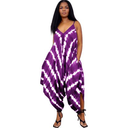 European And American Positioning Printing Fashion Loose Sleeveless Split Jumpsuit