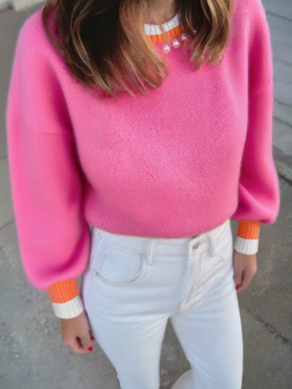 Contrast Crew Neck Pearled Decor Drop Shoulder Knit Sweater