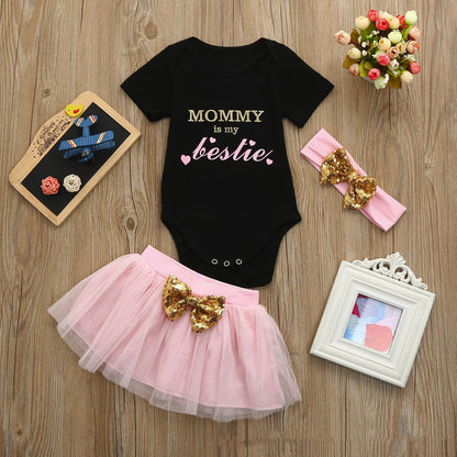 Girls' Fashion Casual Short-sleeved Printed Romper Bow Mesh Skirt Suit