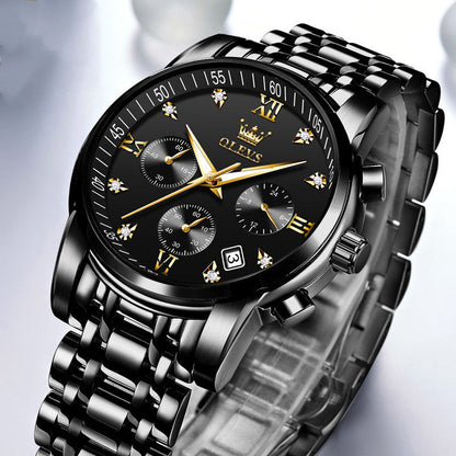Montres Homme de Luxe, Chronographe en Acier Inoxydable, Étanche, Quartz, Date, Cadran Bleu, Relogio Masculino