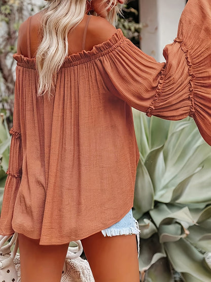 Women'S One Shoulder Elegant And Fashionable Solid Color Off Shoulder Flared Sleeve Shirt For Vacation And Casual Wear