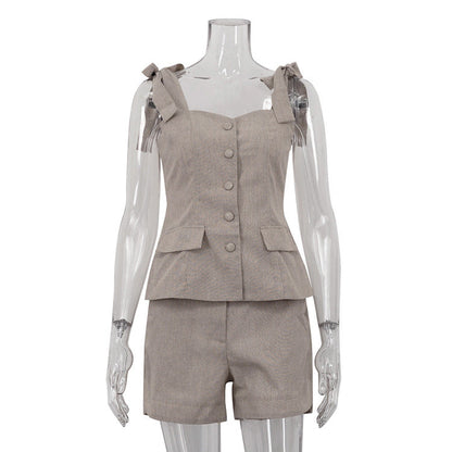 Cotton Bow Suspenders Vest Loose Shorts Two-piece Set
