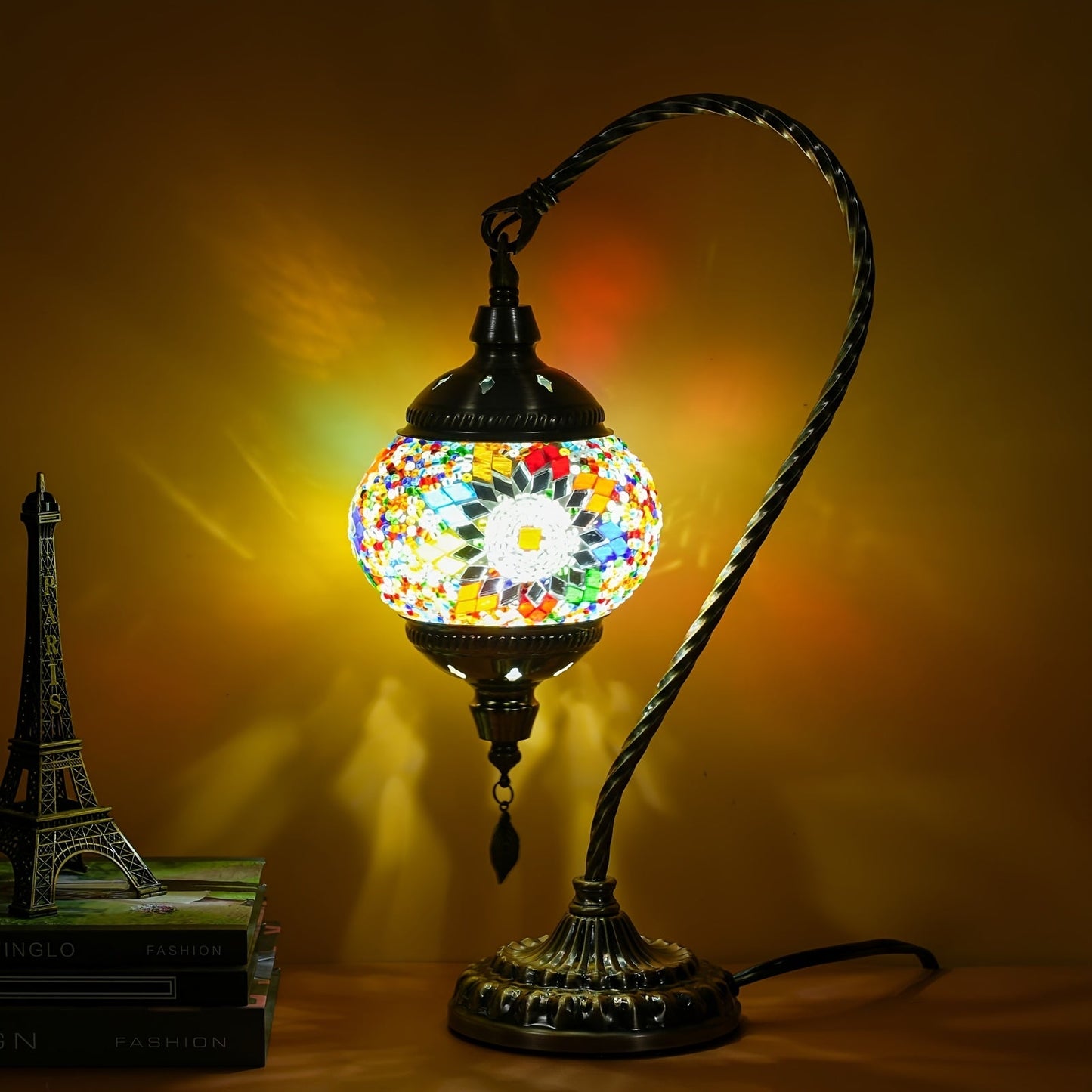 Turkish Mosaic Table Lamp – Swan Neck Moroccan Bedside Light with LED Bulb