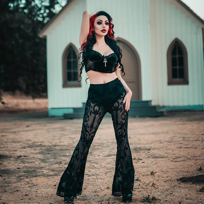 Pantalones acampanados transparentes estilo bohemio para mujer