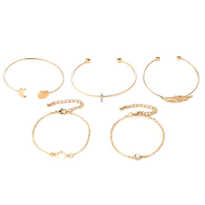 Five Pieces Ladies Bracelets Boho Punk Moon Leaf Crystal Protein Bracelet Set Boho Beach Bracelet Jewelry