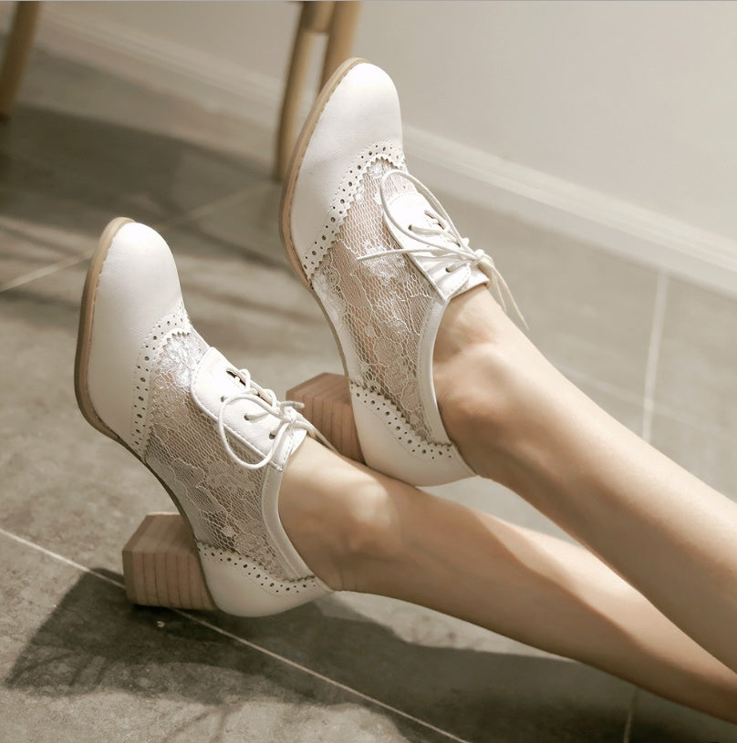 Zapatos de encaje de cabeza gruesa y redonda, zapatos de cuatro estaciones, zapatos de mujer de talla grande, zapatos de mujer