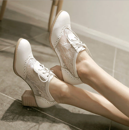 Zapatos de encaje de cabeza gruesa y redonda, zapatos de cuatro estaciones, zapatos de mujer de talla grande, zapatos de mujer