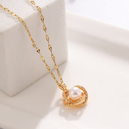 Collier en acier au titane pour femme avec pendentif creux nid d'oiseau imitation perle