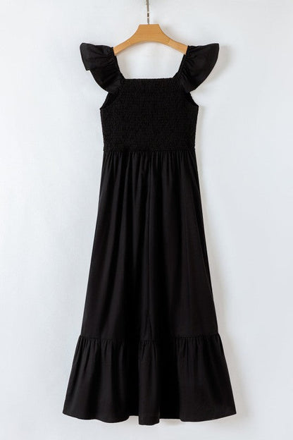 Solid V-Neck Flutter Sleeve Ruffle Maxi Dress