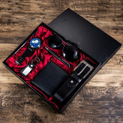 Coffret cadeau de luxe pour homme, 6 pièces : lunettes de soleil, ceinture, montre, portefeuille.