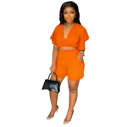 Ruffled Cropped V Neck Top Casual Shorts Summer Two-Piece Set