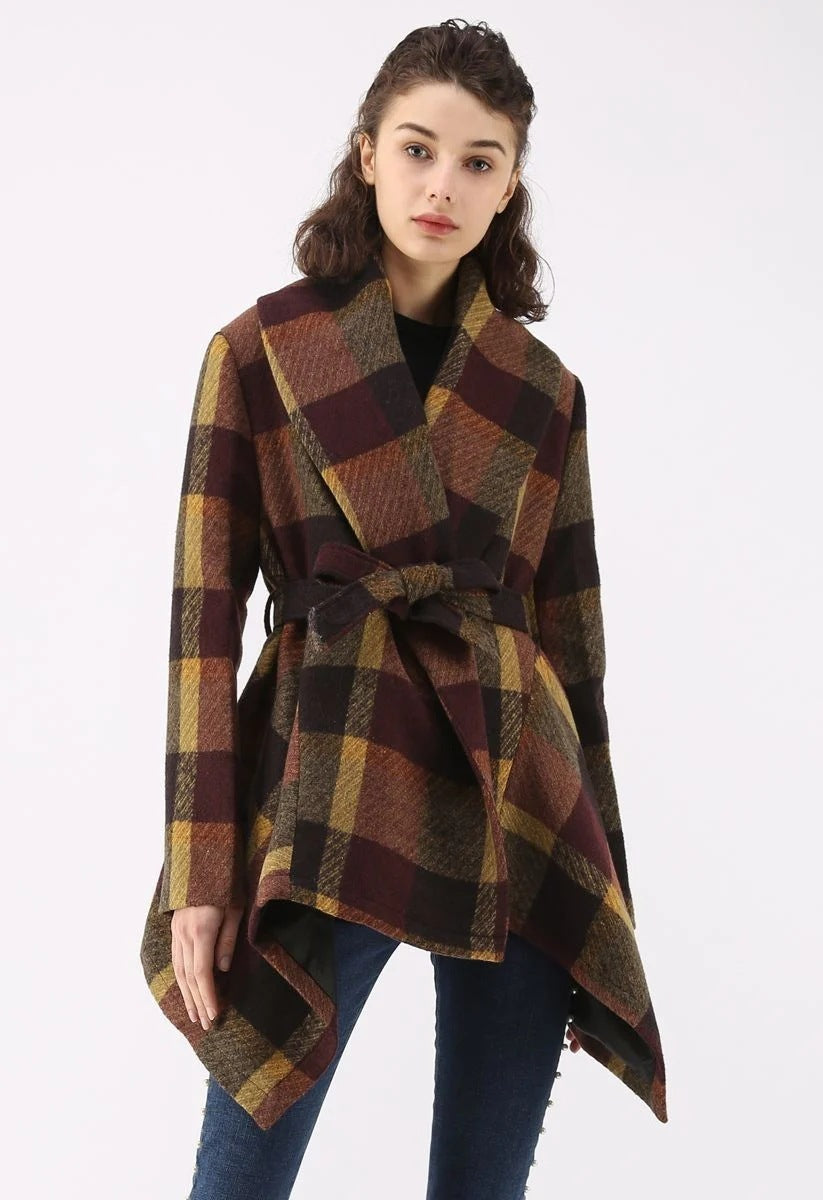 Nuevo abrigo de lana a cuadros multicolor otoño