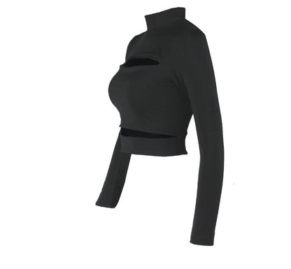 Europe Sexy Hollow Cross-border Long-sleeved High-necked Blouses Short Top
