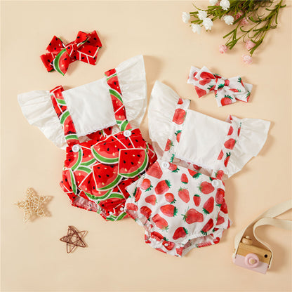 Spring And Summer New Watermelon Strawberry Printing Flounced Sleeve Sling Romper Headband Set